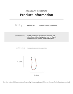 Detailed size chart for handmade colorful natural stone beaded necklace with dimensions