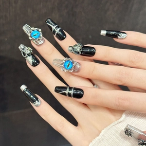 Gothic dark style black press-on nails with silver relief and blue cat-eye rabbit charms