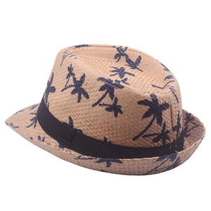 Straw fedora hat with tropical coconut tree print and black ribbon band for summer beach