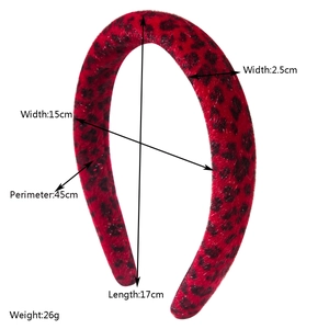 Padded leopard print headband in red velvet with detailed size and weight dimensions