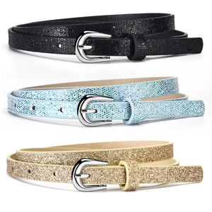 Girls Fashion Belt PU Leather Shiny Sequin Glitter Thin Waistband With Alloy Pin Buckle