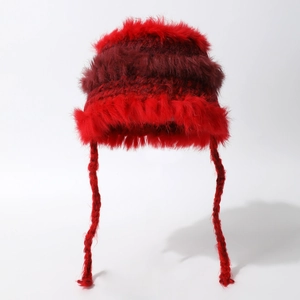 Chapeau Bob En Peluche D'Hiver Fausse Fourrure De Lapin Tricoté Rayures Contrastées Protection D'Oreille Avec Liens Chaud Doux Pour Femmes
