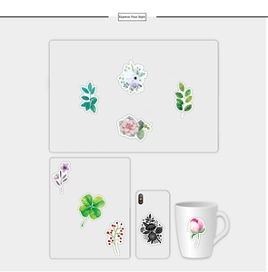 Waterproof botanical stickers shown decorating a notebook, phone case, and a mug