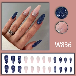Blue glitter and pink silver sequin stiletto press-on nails set in long almond shape