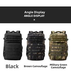 Three tactical backpacks in black and camouflage colors with MOLLE system and multiple pockets