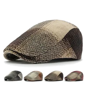 Vintage Herringbone Ivy Cap Patchwork Plaid Tweed Flat Cap For Men Women Adjustable British Retro Artist Hat