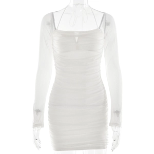 White ruched mesh bodycon dress with square neck and long sleeves for a slim fit