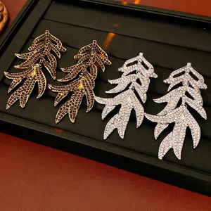 Vintage Leaf Tassel Earrings Alloy Rhinestone Exquisite Luxury Statement Jewelry For Women With Silver Earring Post