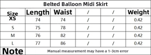 Size chart detail for belted balloon midi skirt showing length and waist measurements