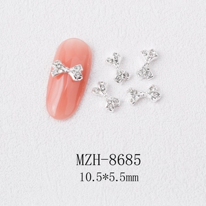 Silver bow nail art charms with zircon inlay, 10.5*5.5mm size detail for manicures