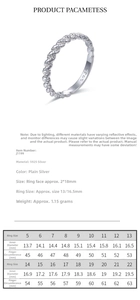 Detailed sizing chart for minimalist 925 sterling silver ring showing inside diameters