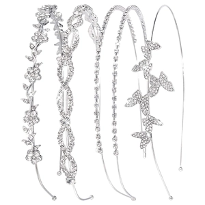 5-piece bridal crystal headband set with silver floral and butterfly rhinestone designs