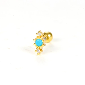 Golden stainless steel cartilage stud with blue turquoise and clear cubic zirconia stones