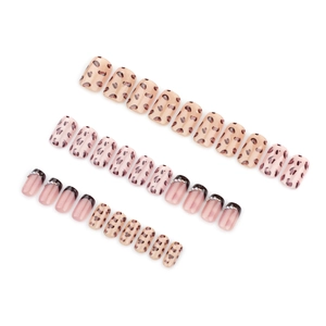 30pcs leopard print press-on nails set with French black tips and pearl decorations