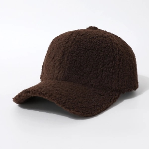 Brown fuzzy baseball cap made of thick fleece material with a classic curved brim