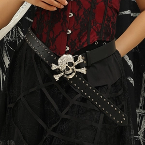 Women Punk PU Leather Belt With Rhinestone Skull Buckle Metal Rivet Gothic Waist Belt For Halloween Party Accessory