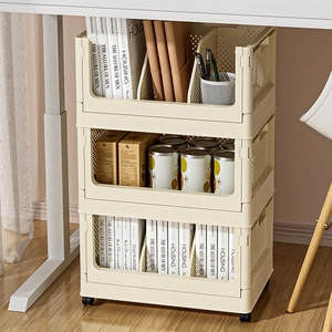Three-tier cream white plastic storage trolley with wheels for under-desk organization