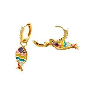 Bohemian gold hoop earrings with colorful enamel fish charms and sparkling gemstones