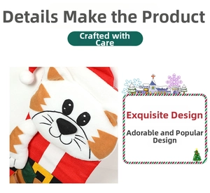 Close-up of a festive Christmas stocking with a cute cartoon cat in Santa outfit