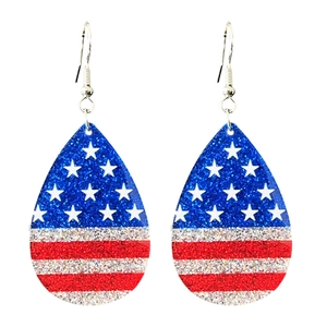 Detail of teardrop earrings with American flag glitter stars and stripes pattern