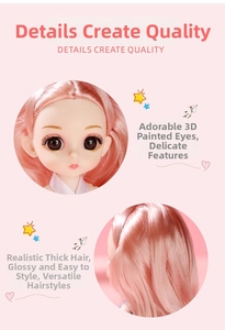 Detail view of doll featuring 3D painted eyes and thick pink hair for styling
