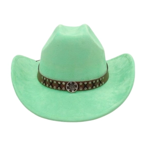 Detail of mint green western cowboy hat with brown studded band and carved silver buckle