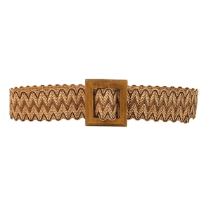 Women's woven waist belt with zigzag pattern and square wooden buckle on white background