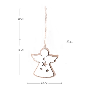 Detailed view of angel wooden ornament with dimensions 7.5cm and star cutout details