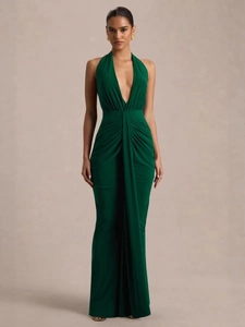 Halter Neck Maxi Dress Sexy Deep V Ruched Backless Slim Fit Polyester Elastane Elegant Evening Party Banquet Formal