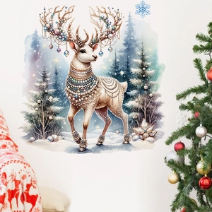 Detail of Christmas white reindeer wall sticker with snowy forest in cozy living room