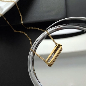 Minimalist Titanium Steel Necklace Women 18K Gold Plated Rectangular Hollow Pendant Sliding Zircon Stones Clavicle Chain