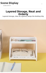 Detail of white double-layer desktop storage rack showing layered stationery organization