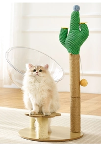 Macro detail of cactus cat tree with sisal scratching post and clear acrylic space capsule