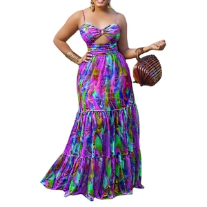 Sexy multi-color print sleeveless halter maxi dress with backless cut and hollow waist
