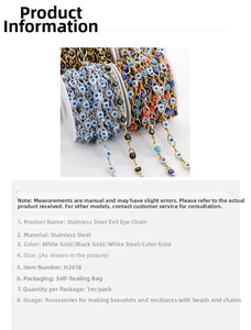 Macro view of golden stainless steel evil eye bead chain for DIY jewelry making