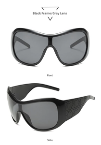 Detail view of black oversized Y2K shield sunglasses with cannage pattern temples