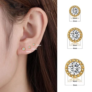 Three-piece S925 silver stud earring set with golden cubic zirconia in 2mm to 5mm sizes