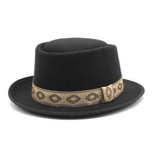 Classic black wool pork pie hat for men with a vintage geometric patterned hatband