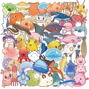 Detail of colorful waterproof PET stickers featuring cute sea creatures and jellyfish