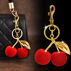 Creative Flocking Cherry Fruit Keychain Pendant For Women Gold Alloy Leaf Velvet Texture Bag Charm Accessory Gift