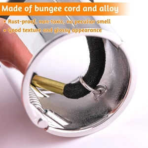 Macro view of silver alloy ponytail buckle with black bungee cord and metal hook