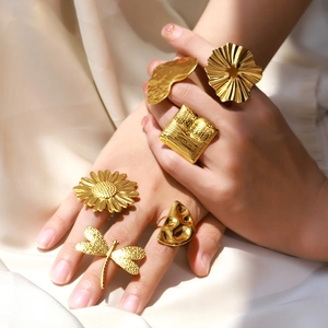 Gold Plated Stainless Steel Hammered Texture Irregular Heart Sunflower Dragonfly Adjustable Open Rings For Women