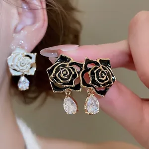 Elegant Rose Flower Enamel Earrings With 925 Sterling Silver Earring Post Zircon Waterdrop Pendant Vintage For Women
