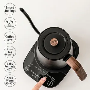 Smart gooseneck electric kettle with matte black finish and wood-grain handle features