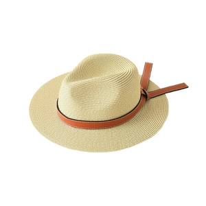 Men's stylish beige straw fedora hat with brown leather band for summer sun protection