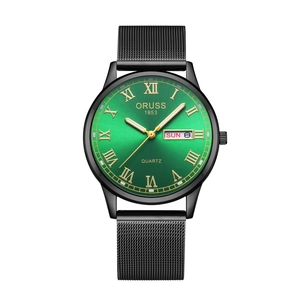 Men's quartz watch with green sunburst dial, Roman numerals, and black mesh steel strap