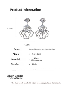 Detail specifications for fan-shaped rhinestone earrings with full crystal inlay and silver post
