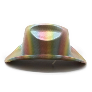 Front view of holographic rainbow cowboy hat featuring vibrant metallic stripes texture