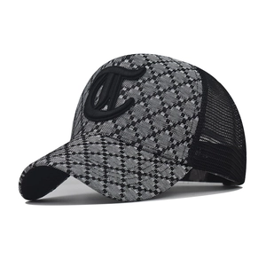 Plaid baseball cap with embroidered letter C and black mesh back shown at a 45-degree angle