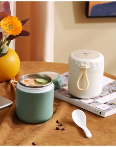 Detail of 304 stainless steel food jars with wood-grain lids and built-in spoons